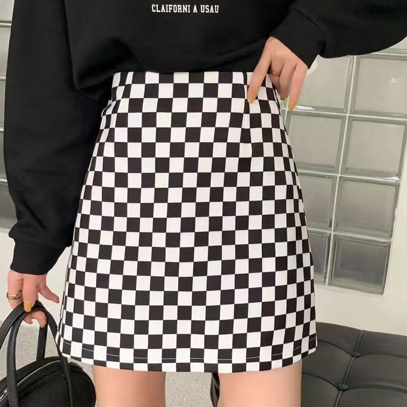 #黑白格包裙 时尚复古棋盘格子半身裙遮肉显瘦包臀a字短裙女