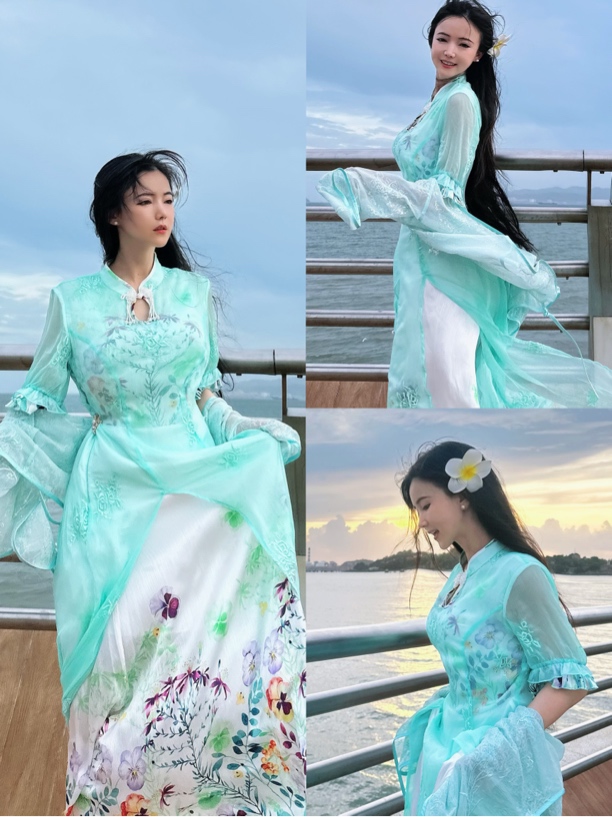 【粉黛原创 清欢调 】薄荷曼波绿刺绣重工奢华修身显瘦日常连衣裙