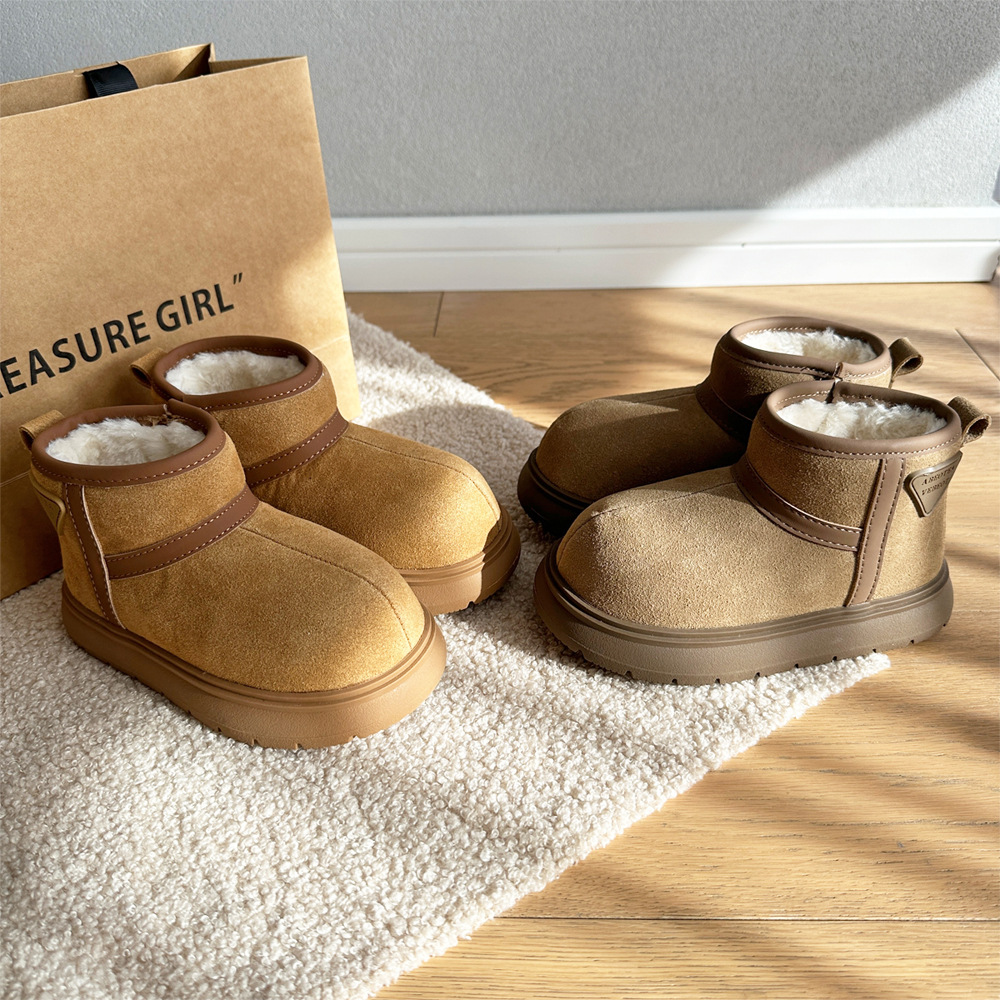 卡皮巴拉儿童雪地靴冬季保暖亲子鞋男女童加绒加厚面包鞋真皮棉靴