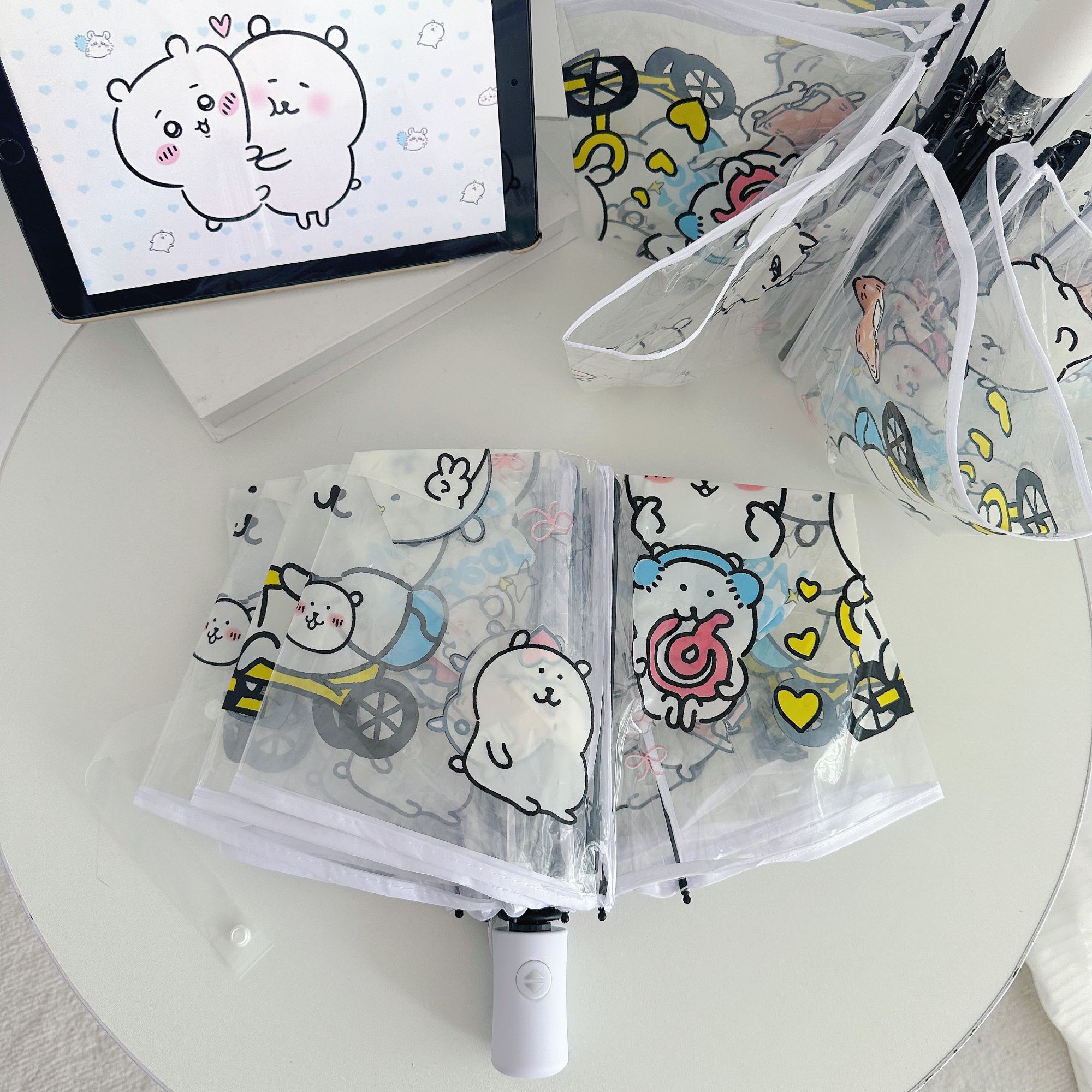 日系可爱自嘲熊透明雨伞折叠卡通全自动长柄伞高颜值小清新学生伞