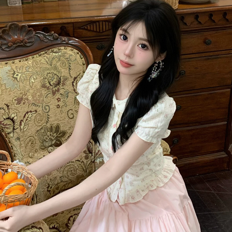 花甜伞下现货夏季甜美甜欲风碎花泡泡袖上衣粉色长裙栗子团原创