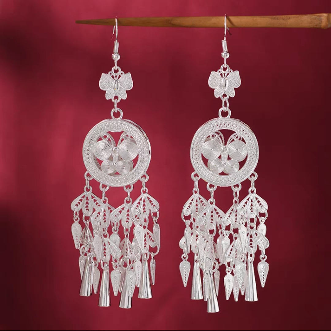 合金耳饰 新中式复古花丝蝶恋花重工耳饰苗族特色夸张个性耳饰女