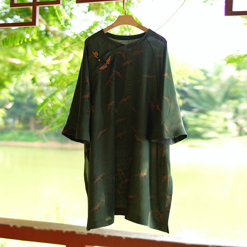 【鹤舞林间】复古新中式桑蚕丝中国风斜襟莨纱上衣太太服