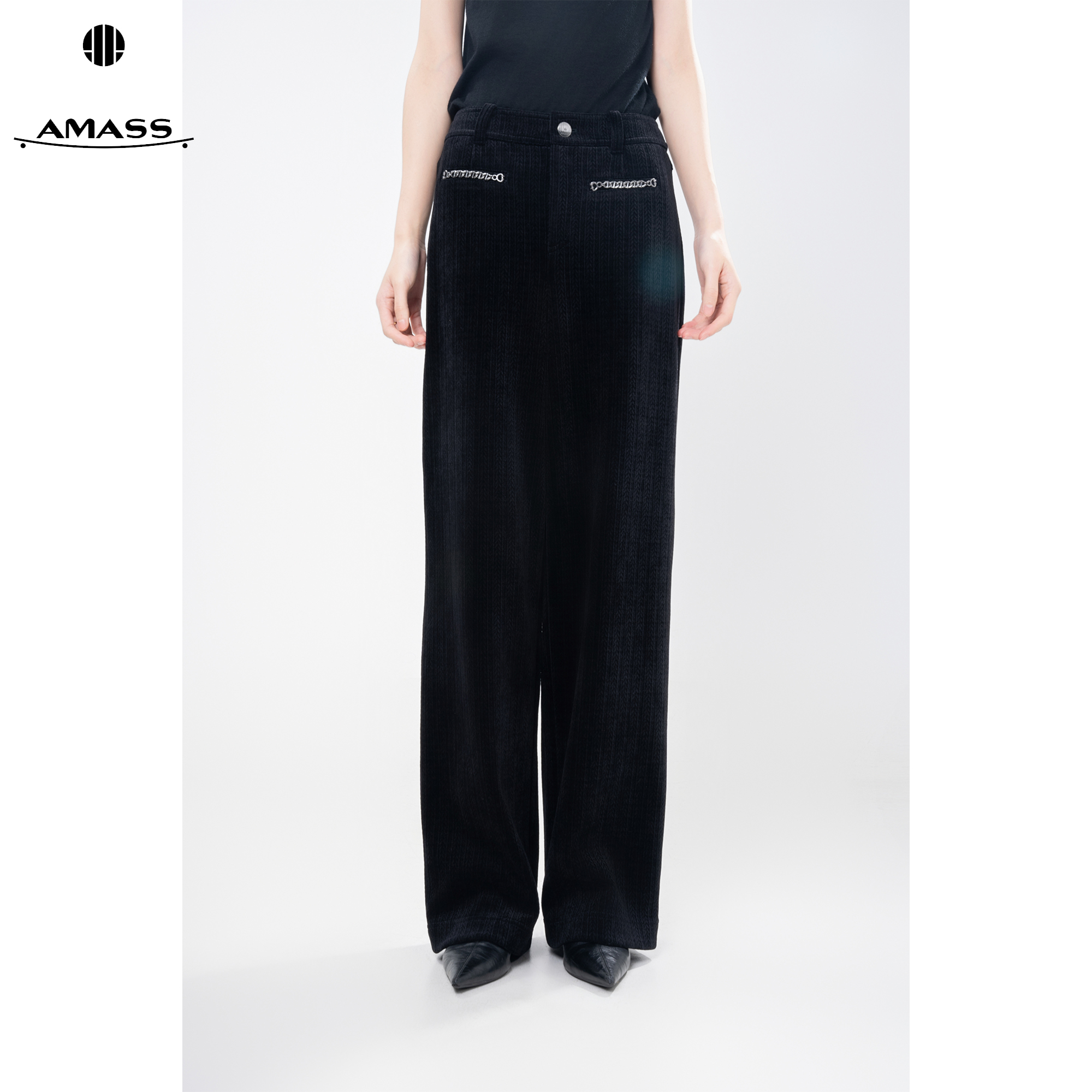 AMASS/阿玛施秋冬新款复古时尚链条装饰雪尼尔直筒休闲裤女510058
