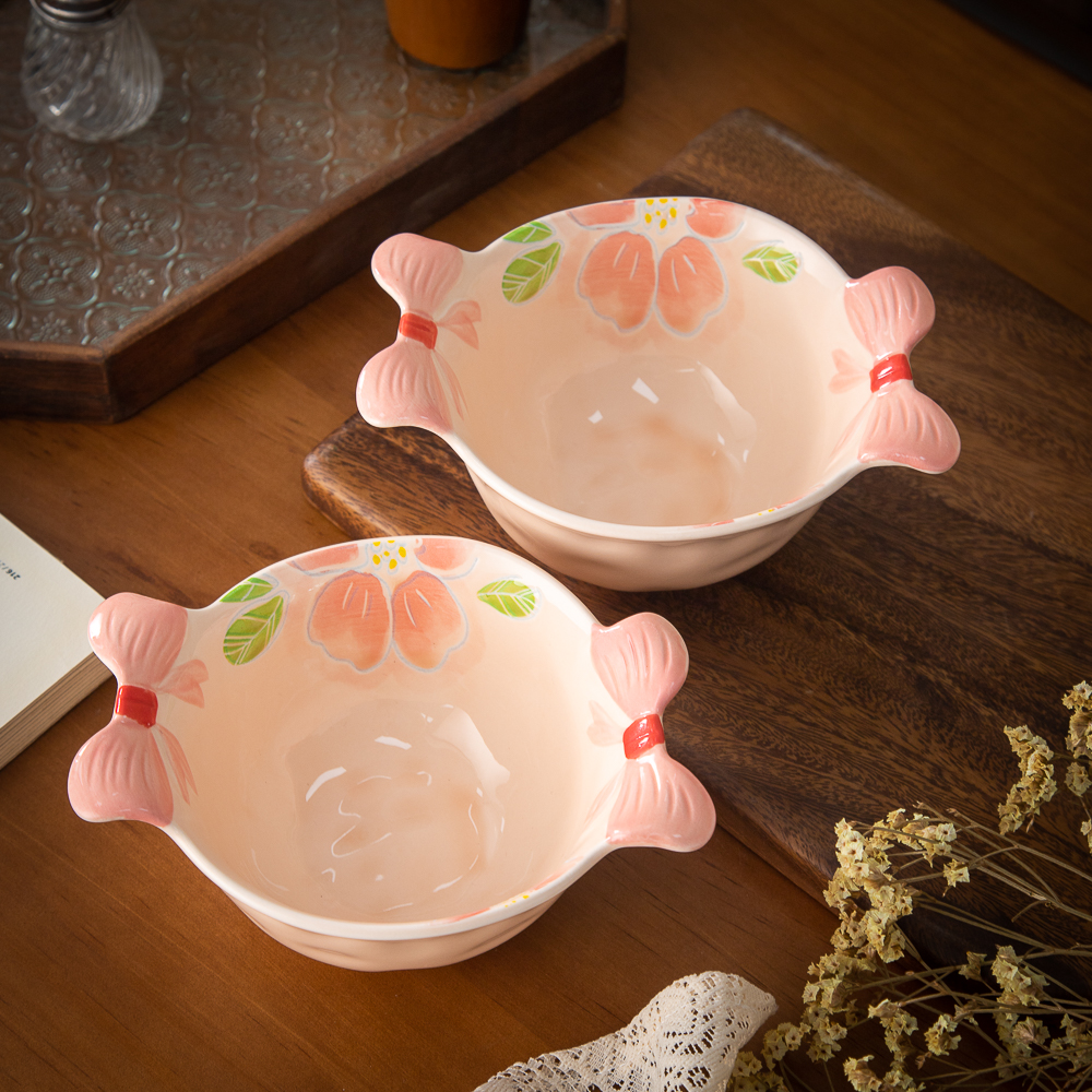 家用陶瓷餐具美二烧釉下彩花影系列6.8英寸蝴蝶结双耳碗(2个装)