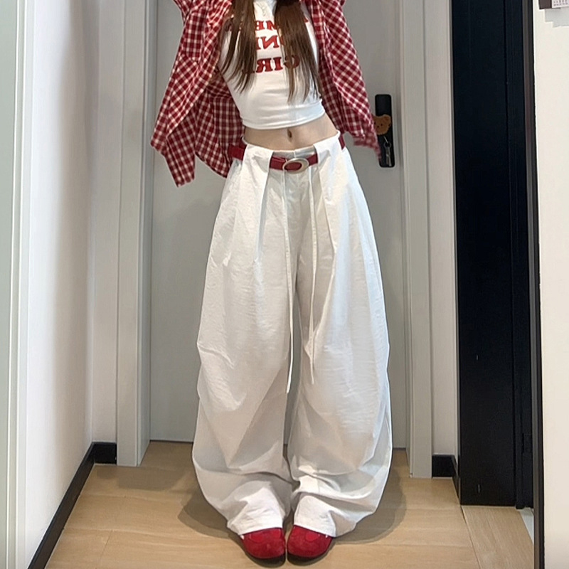 老钱风设计感弯刀阔腿裤女夏季2025新款高腰抽绳松弛感运动工装裤