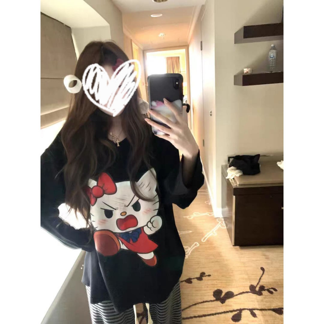 黑色长袖圆领套头印花猫猫T恤+宽松条纹休闲裤22181#