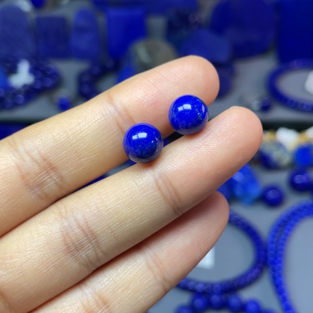 清***意青金石银S925镶嵌8mm耳饰