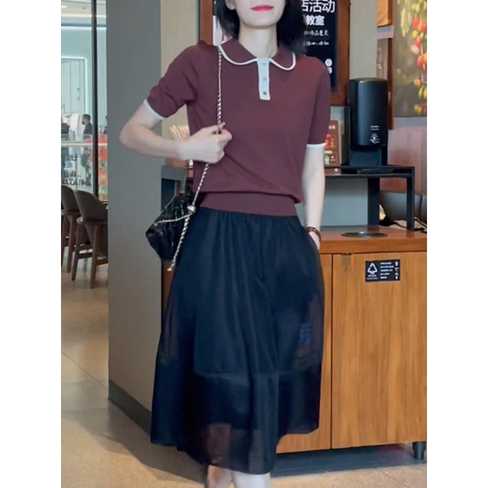 撞色天丝针织衫后腰松紧半身裙套装  JYMXSH230422 12-F08