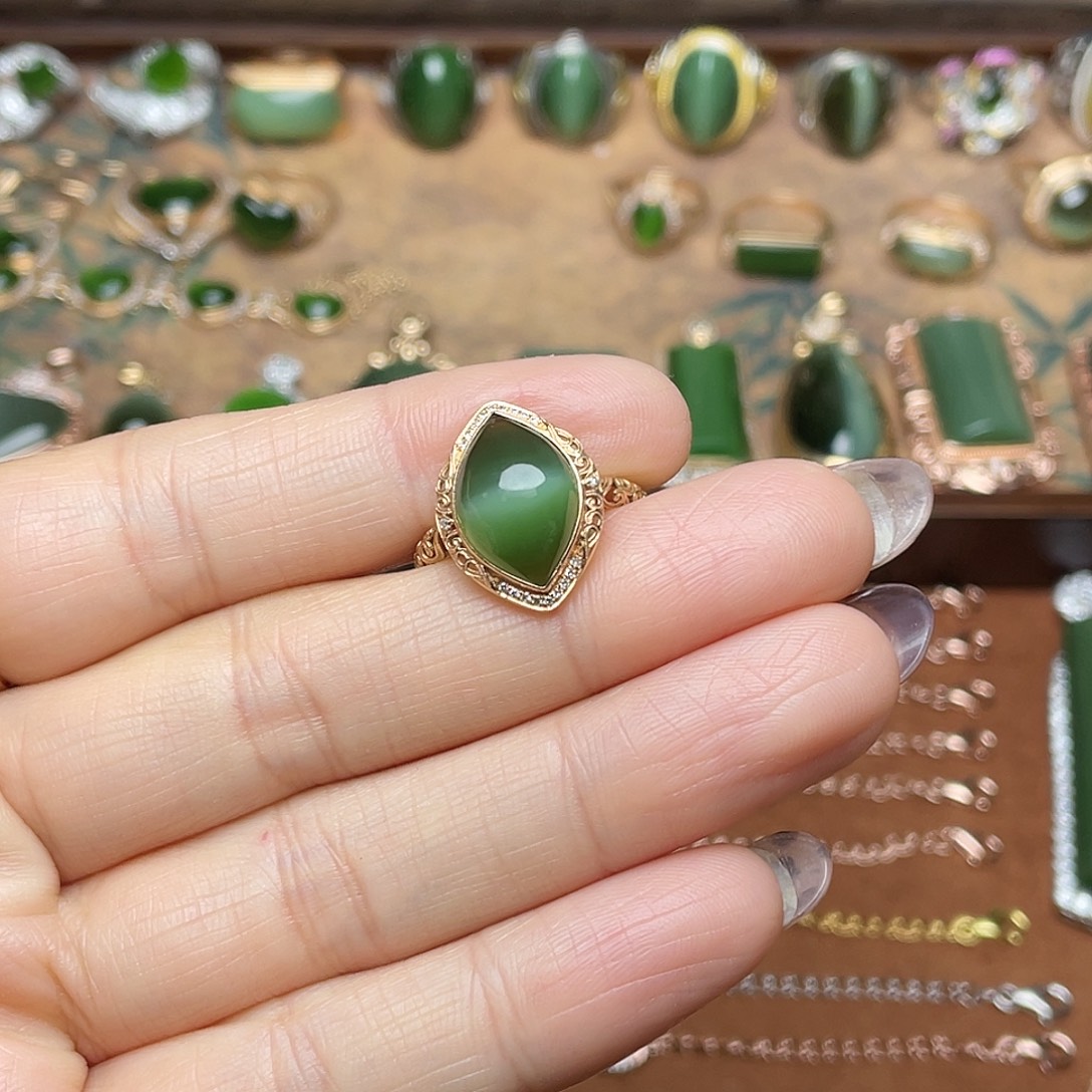 和田玉（碧玉）18K金镶嵌吊坠(不含链)戒指