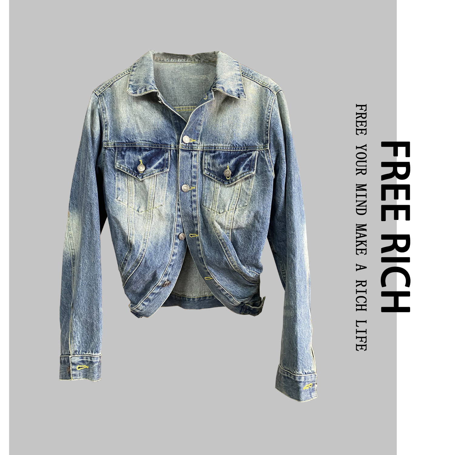 FREE RICH外套/百搭时尚短款水洗复古蓝色牛仔外套女