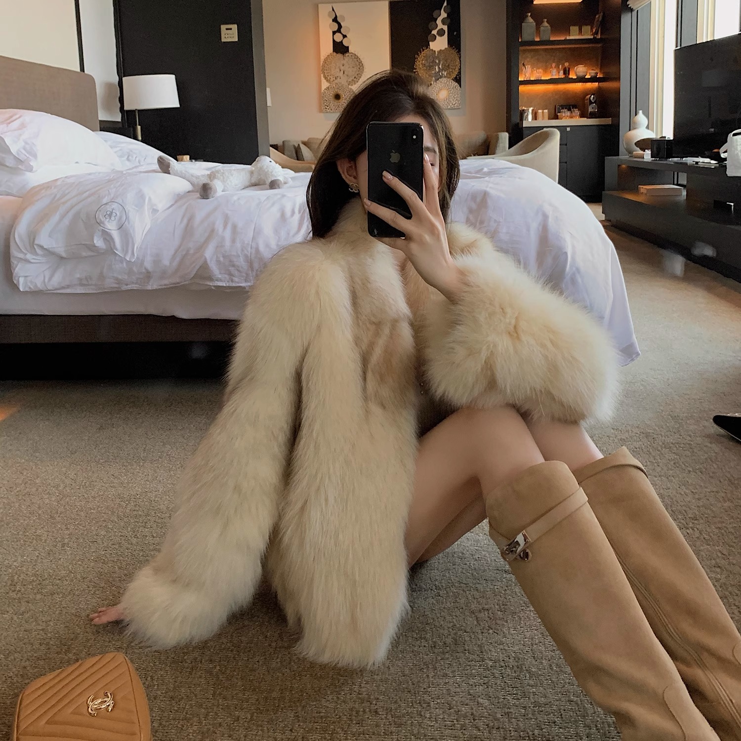 "Champagne千金狐"芬兰进口狐狸毛+羊皮革优雅短款狐狸