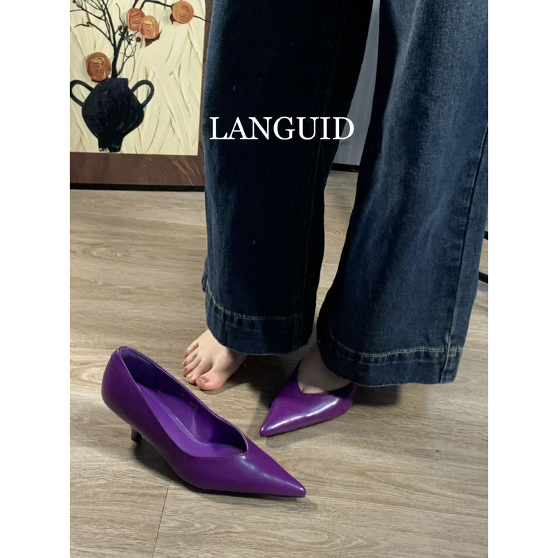 LANGUID2026 早春新款复古紫色尖头单鞋女软底法式气质百搭通勤鞋