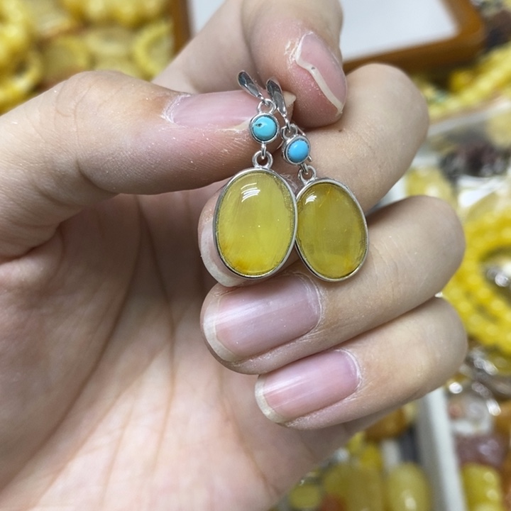 蜜蜡银S925镶嵌裸石耳钩