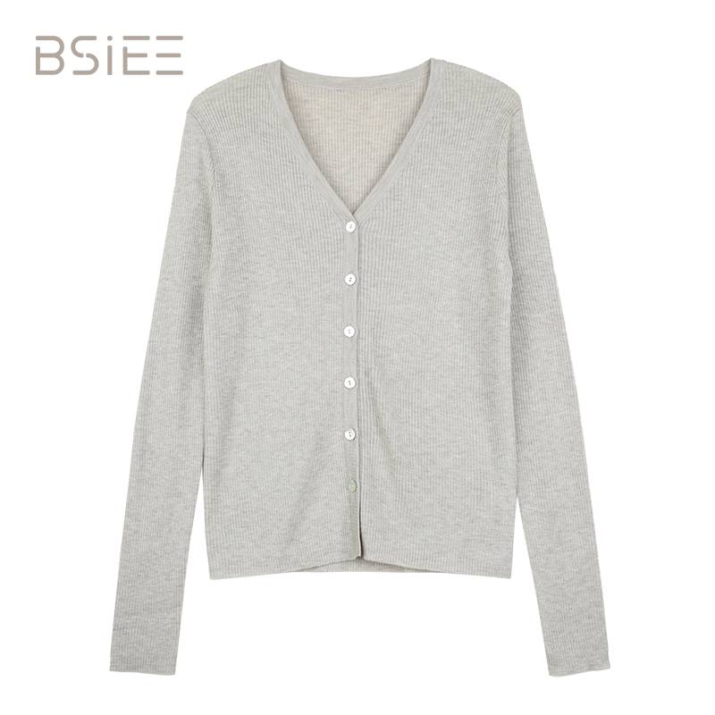 BSIEE本涩V领贝壳扣春秋季开衫针织薄款衫女士纯色显瘦气质时尚