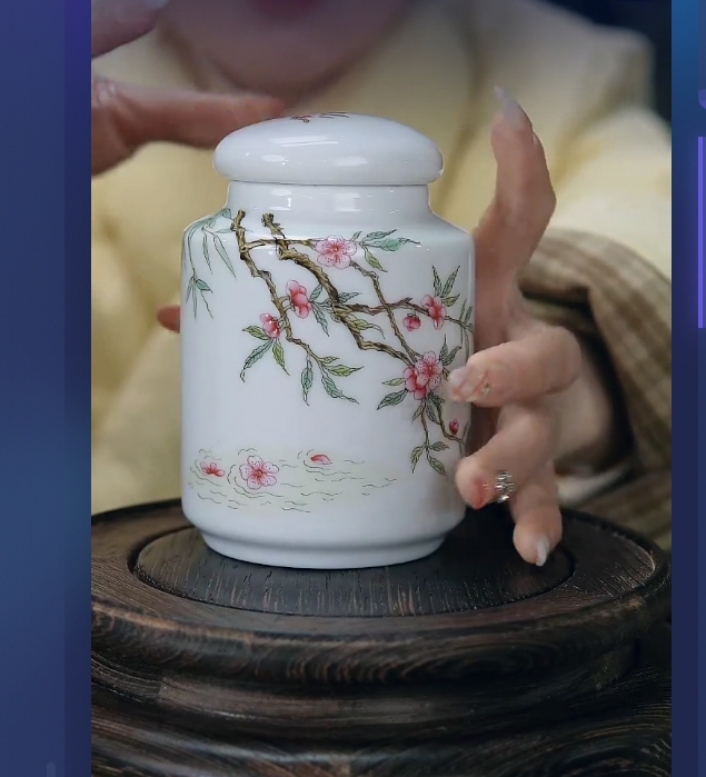 景德镇陶瓷供应链粉彩桃花竹子画片醒茶罐132y