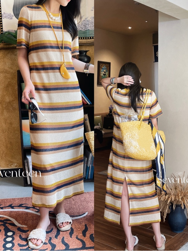 【BAI】夏新款撞色条纹垂感显瘦长款连衣裙女92825