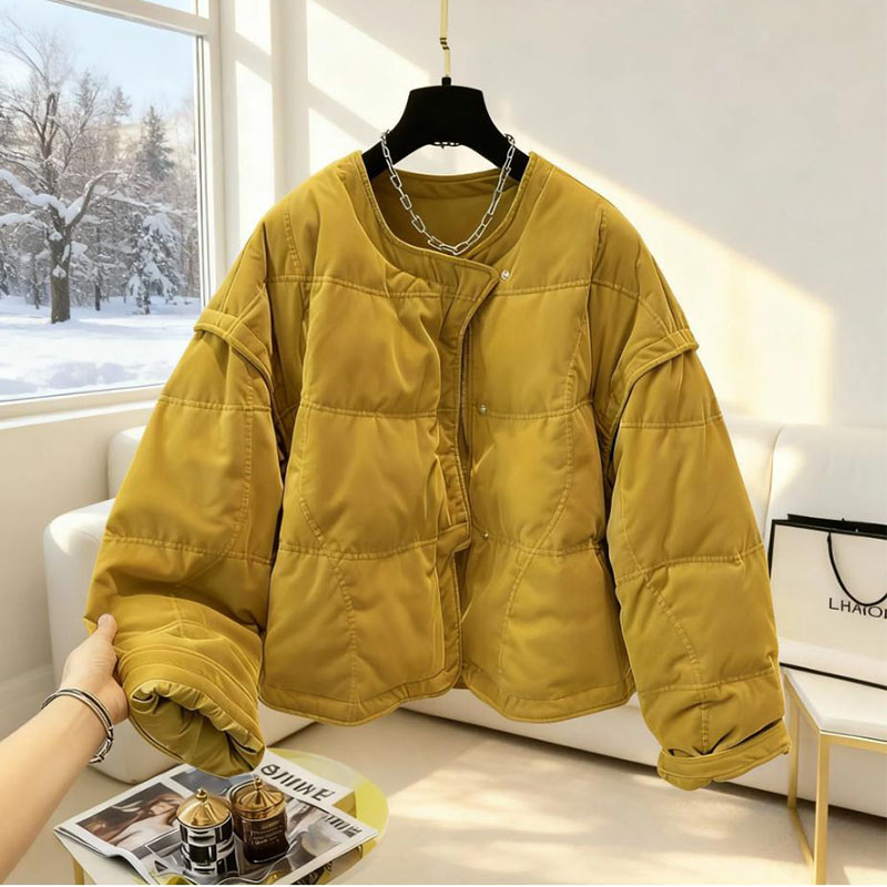 2025冬季新款老钱风圆领丝绒棉服保暖外套拼接时髦通勤小众面包服