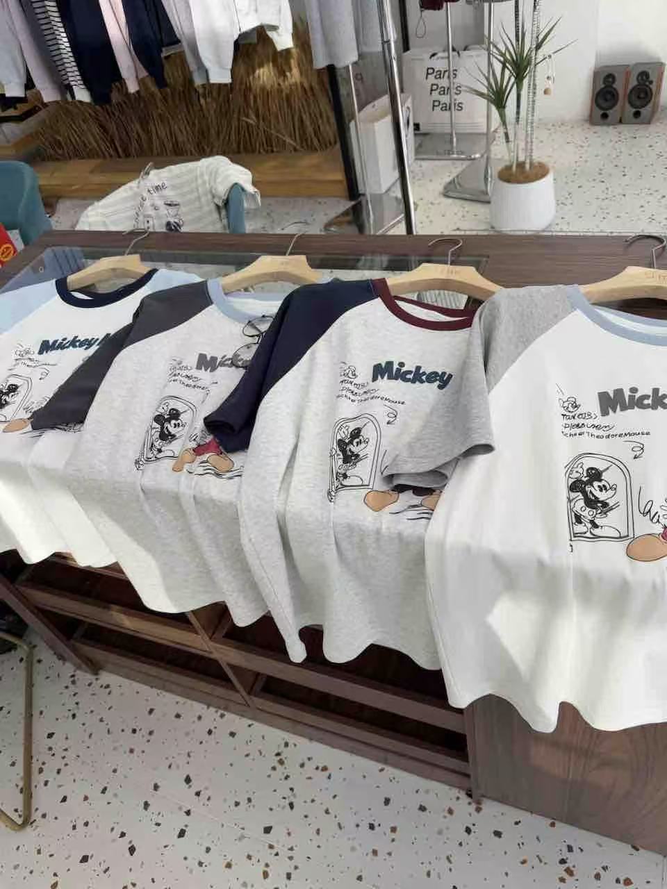 【锦衣服饰】YM 029 新款韩系撞色拼接米奇卡通印花短袖T恤