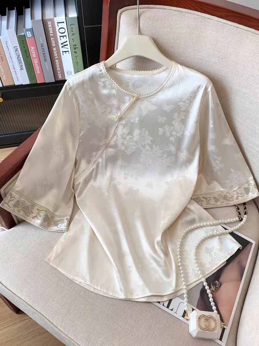 新中式夏季新款上衣女高级提花刺绣短袖气质国风小衫缎面衬衫
