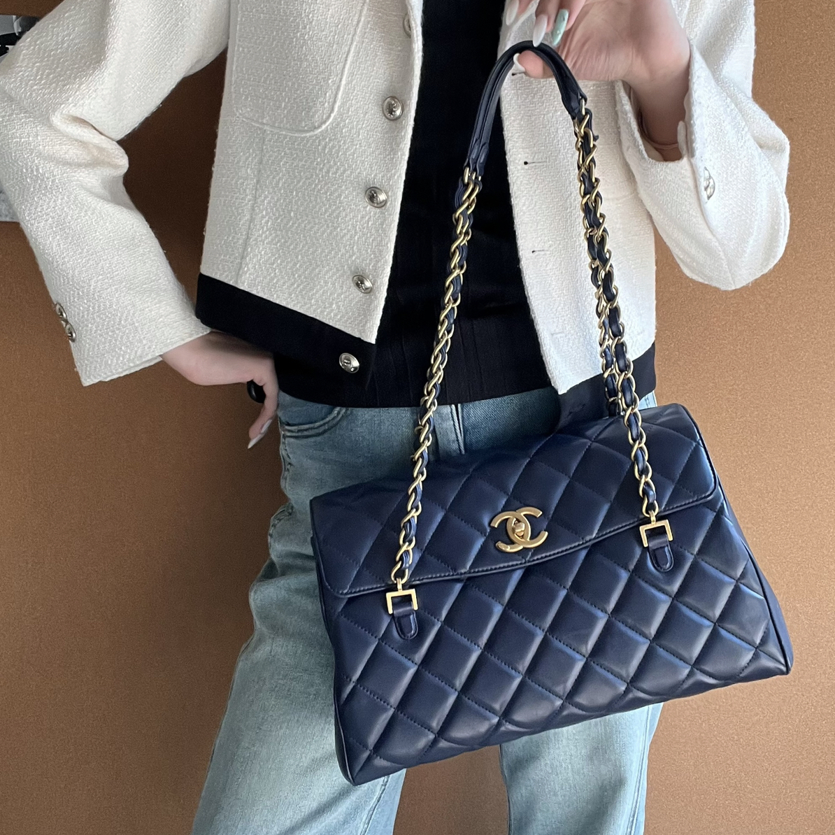 95新 Chanel/香奈儿 7228Chanel深海蓝菱格托特包带卡小香风经典
