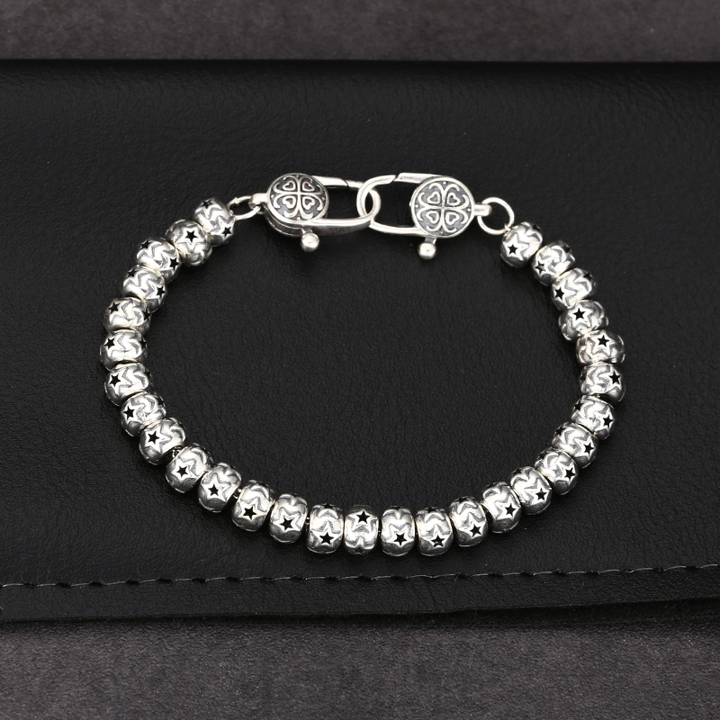 925银手链 时尚百搭手工银双扣头隔珠五角星手链 男女同款手链