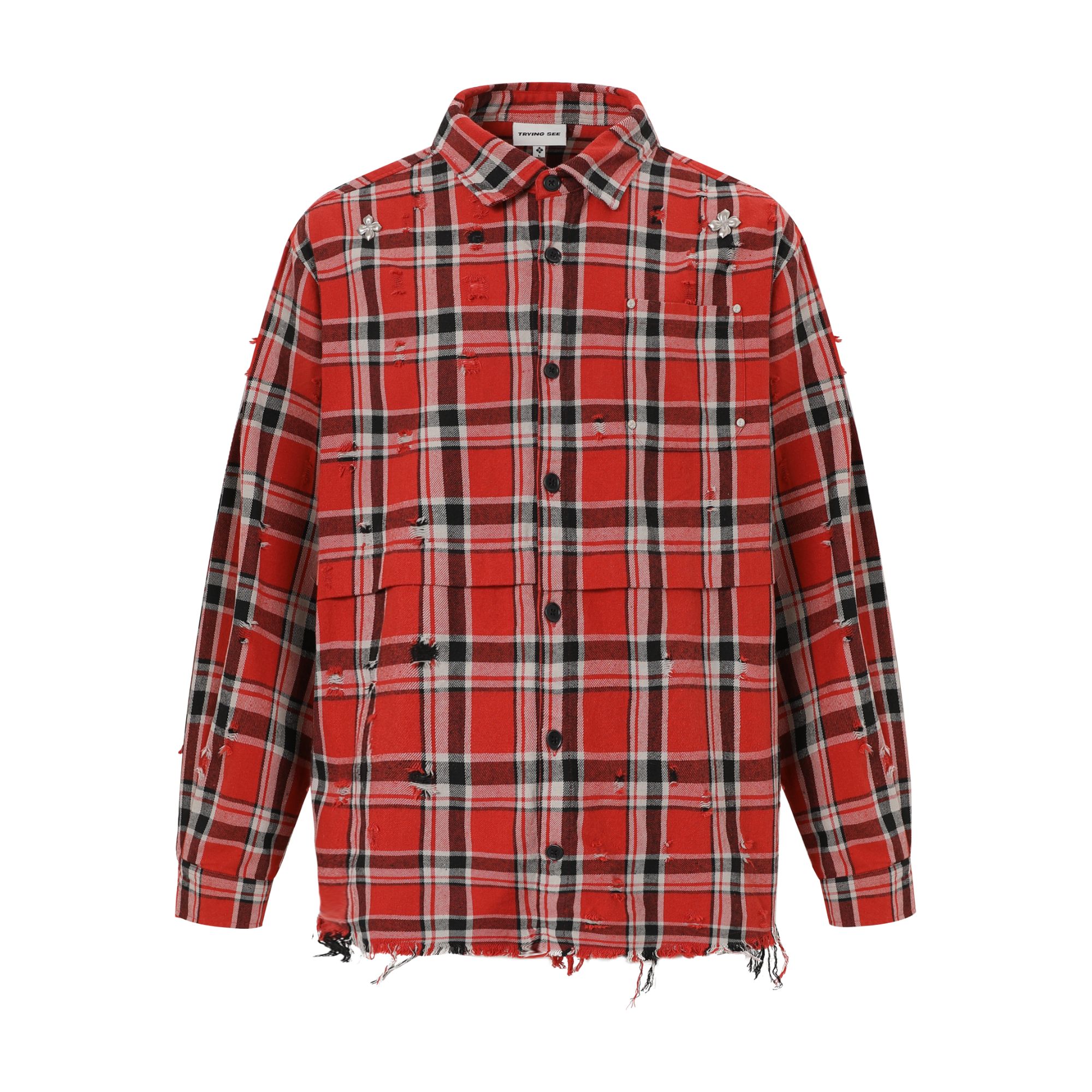 TRYING SEE水洗破坏流苏法兰绒衬衫 TS24009 男款格纹