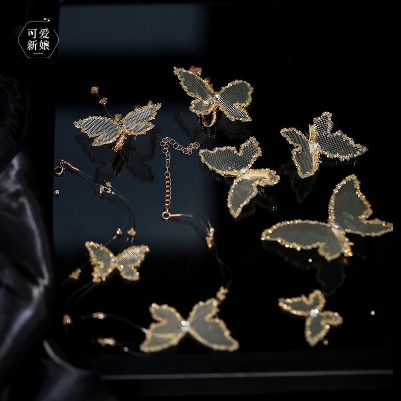 婚纱新娘头饰精致蝴蝶发夹高级轻奢公主森系造型发饰BH6870香槟色