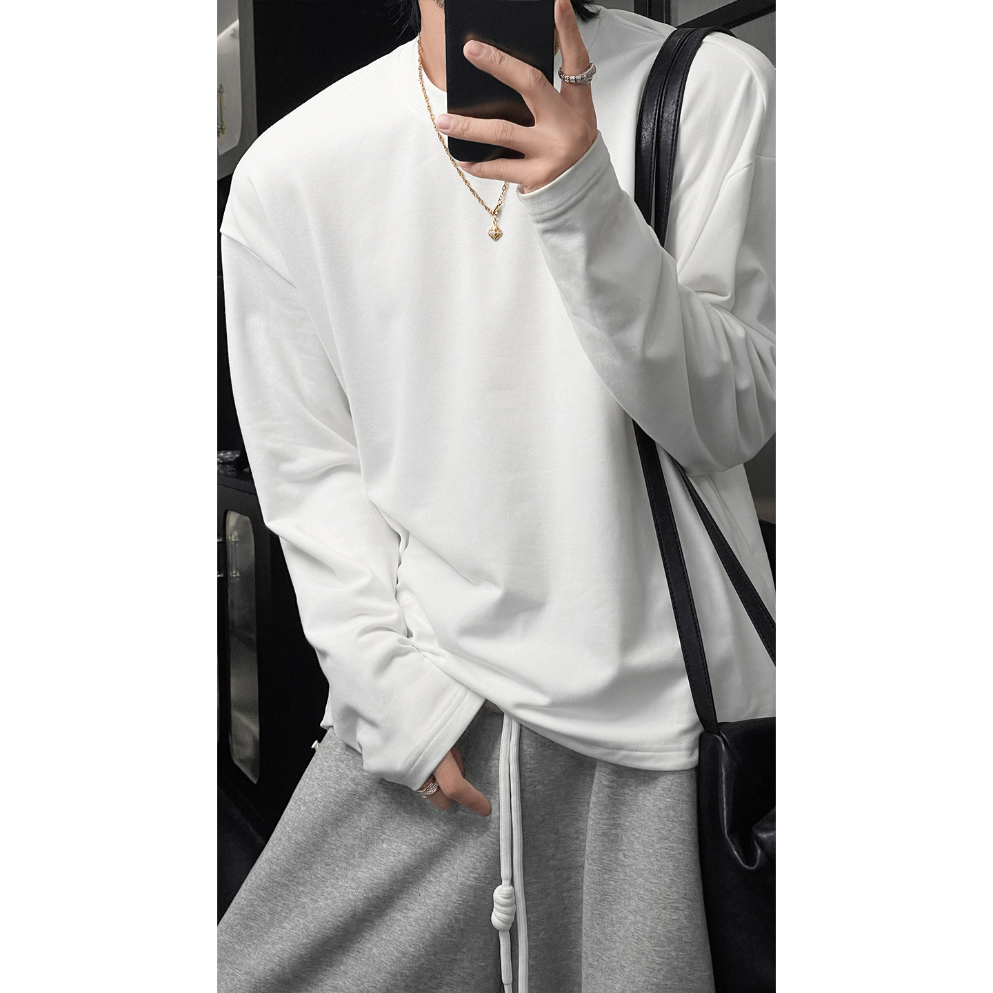 龙叨叨秋冬新品纯色简约软糯亲肤长袖T恤男宽松休闲百搭上衣打底