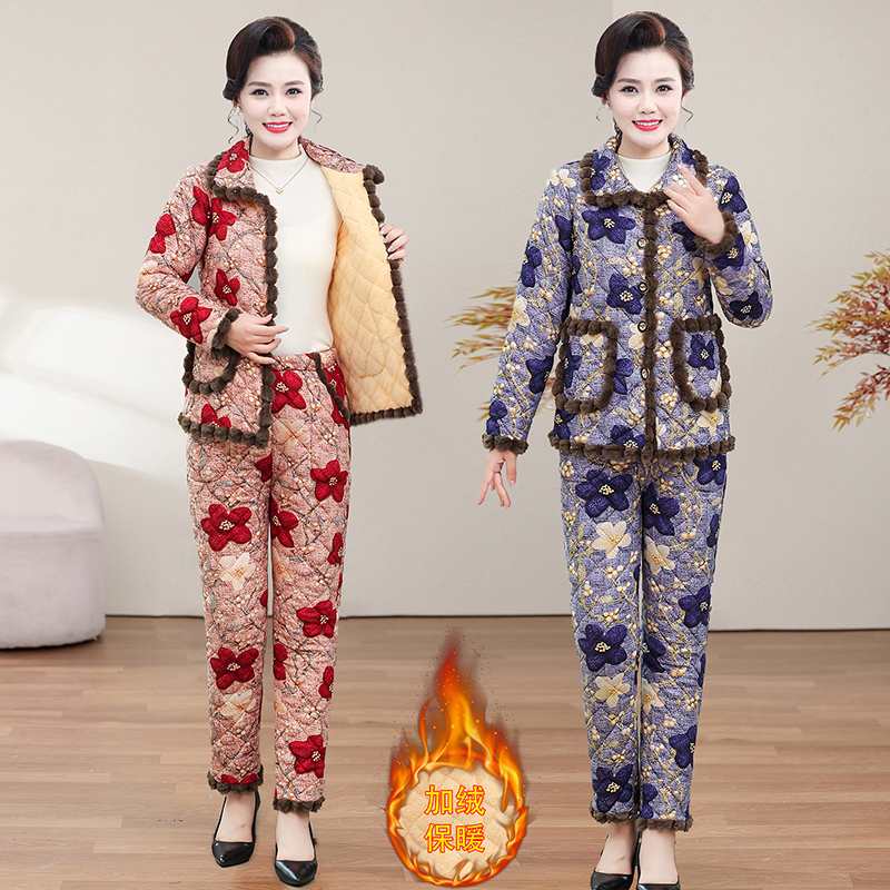 秋冬气质中老年套装洋气秋冬大码妈妈装加绒加厚保暖外套老年人