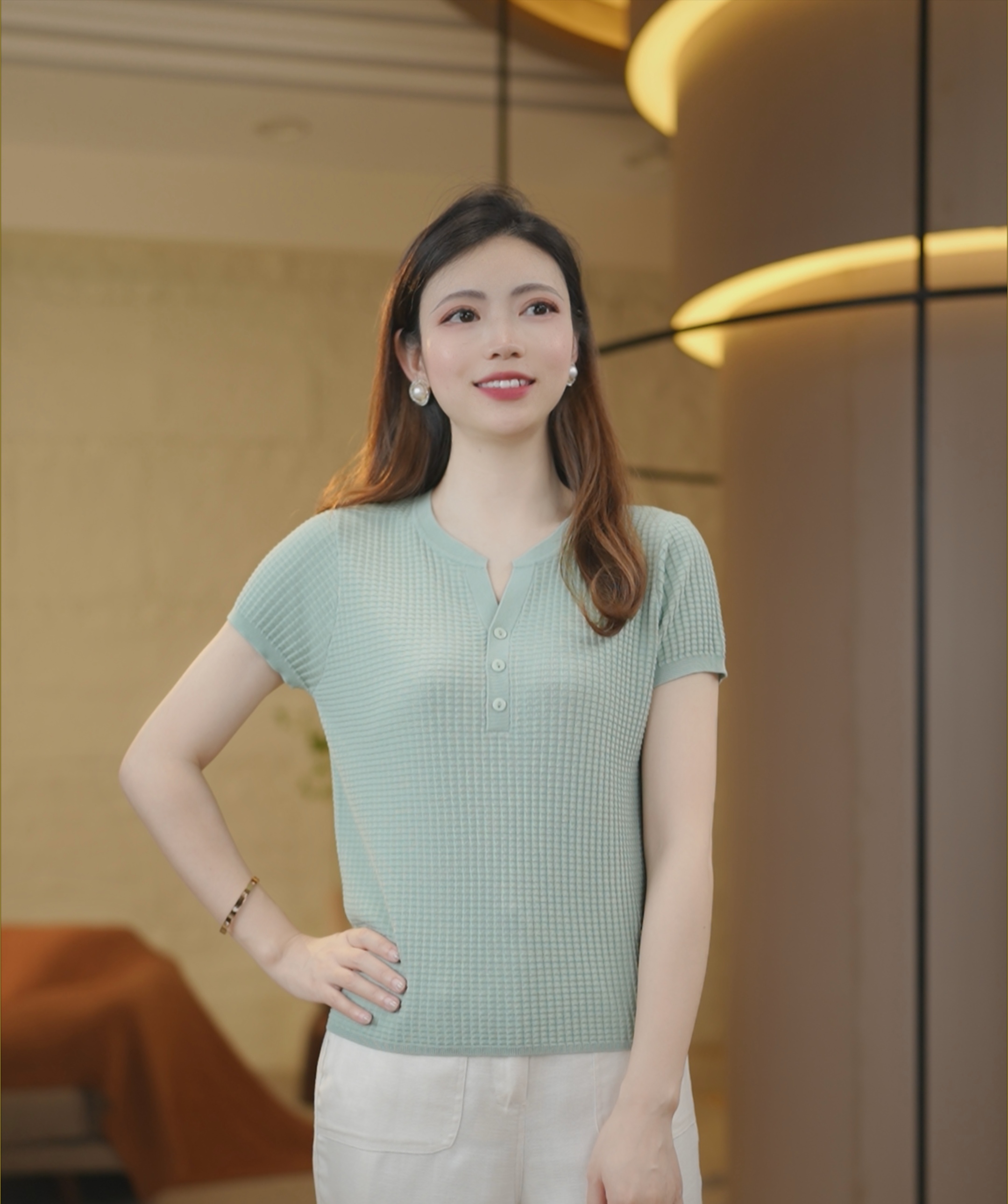 【天丝+桑蚕丝】华夫格凉爽~透气宽松圆领薄款短袖上衣针织衫女9172