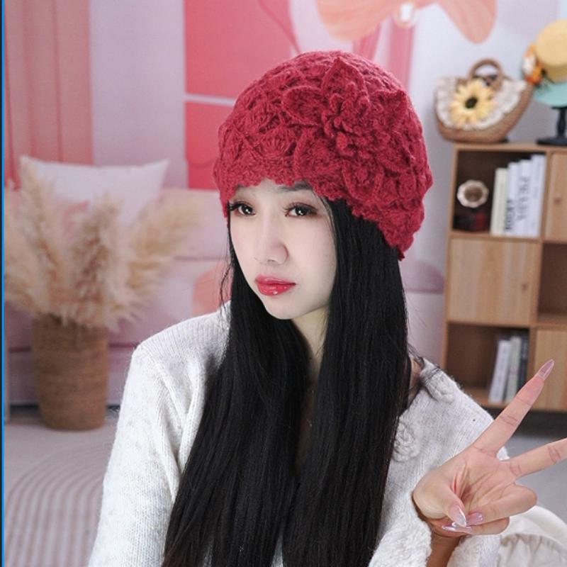 纯色手工钩花双层包头帽子女秋冬时尚百搭毛线帽保暖显脸小毛线帽
