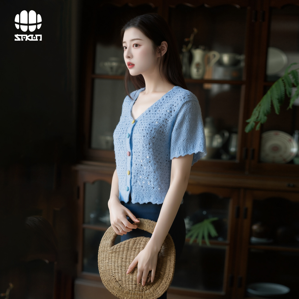 SAKUN甜美风珠片细闪V领彩扣开衫针织短袖安排蕾丝带3161-1325731