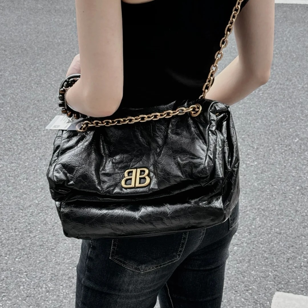 99新 Balenciaga/巴黎世家 7670 黑金monaco云朵包单肩斜挎包中号
