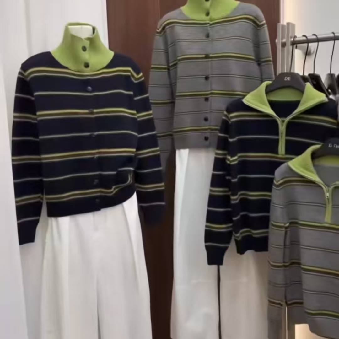 秋冬韩版撞色高领条纹针织开衫女百搭显瘦保暖上衣