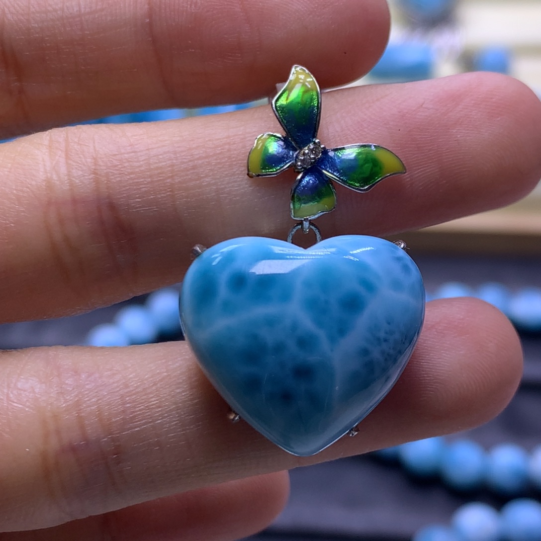 针钠钙石（海纹石）银S925镶嵌吊坠(不含链)爱心吊坠色差略异