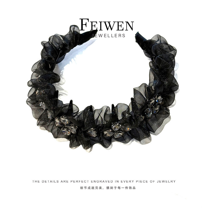 DH1067 女王之冠气质黑色欧根纱亮钻重工宽边发箍