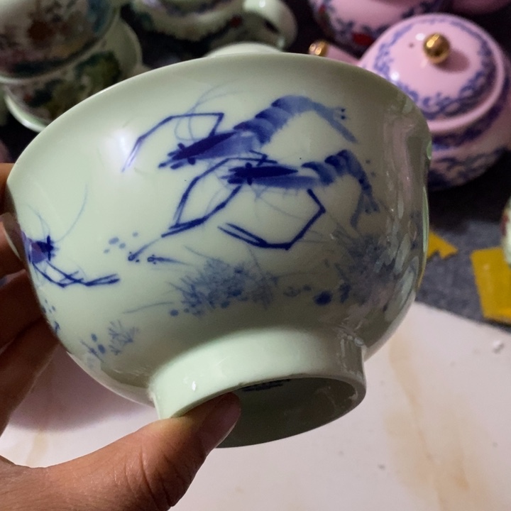 摆件陶5寸绿稀土虾趣碗