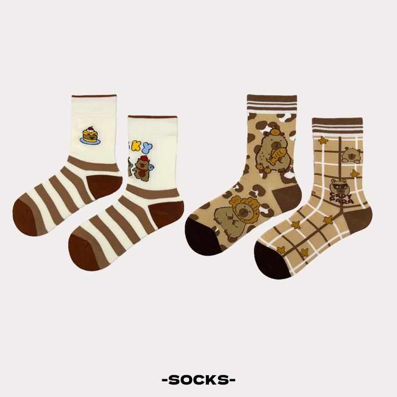 卡皮巴拉水豚格子AB面卡通可爱针织中筒袜