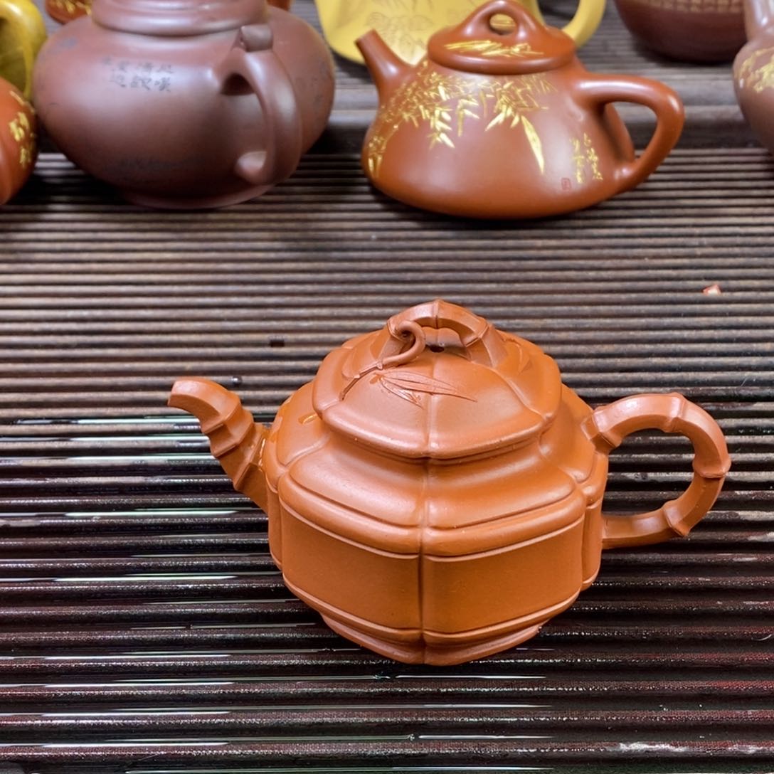 紫砂茶壶白3 竹鼓 朱泥