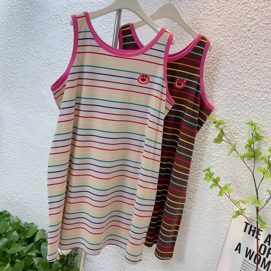 背心裙大码无袖睡裙女夏季薄款棉质弹力条纹家居服短裙韩版柔软