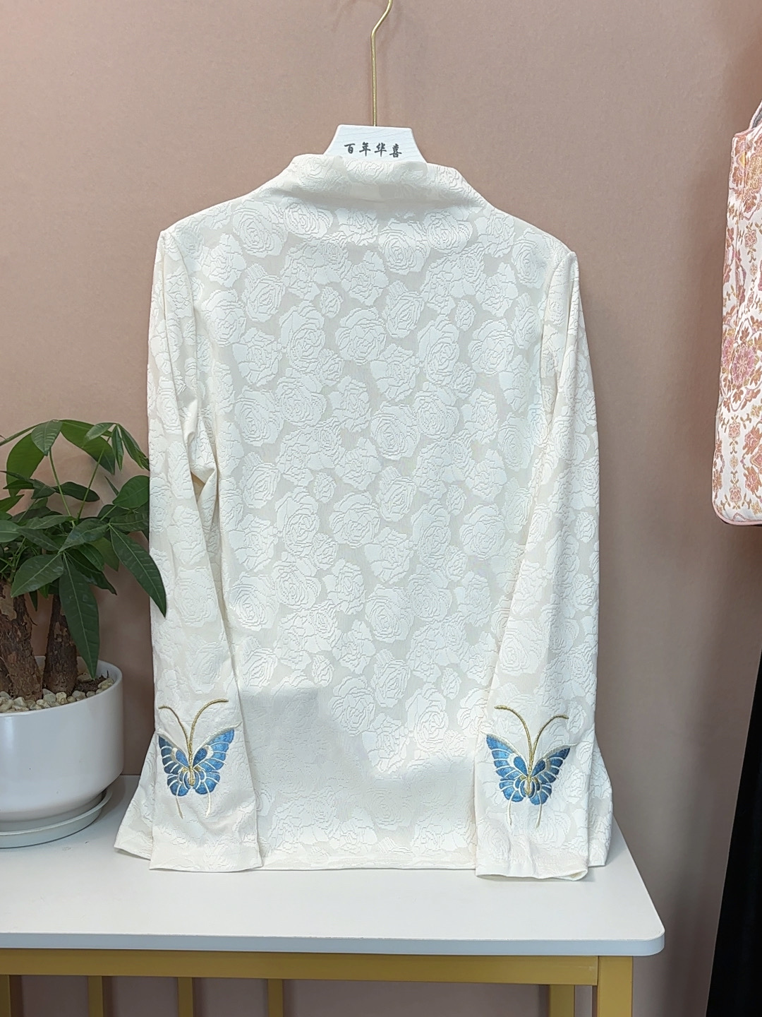 【蓝蝶玫瑰】新中式国风中领气质弹力刺绣打底衫玫瑰提花长袖T恤女