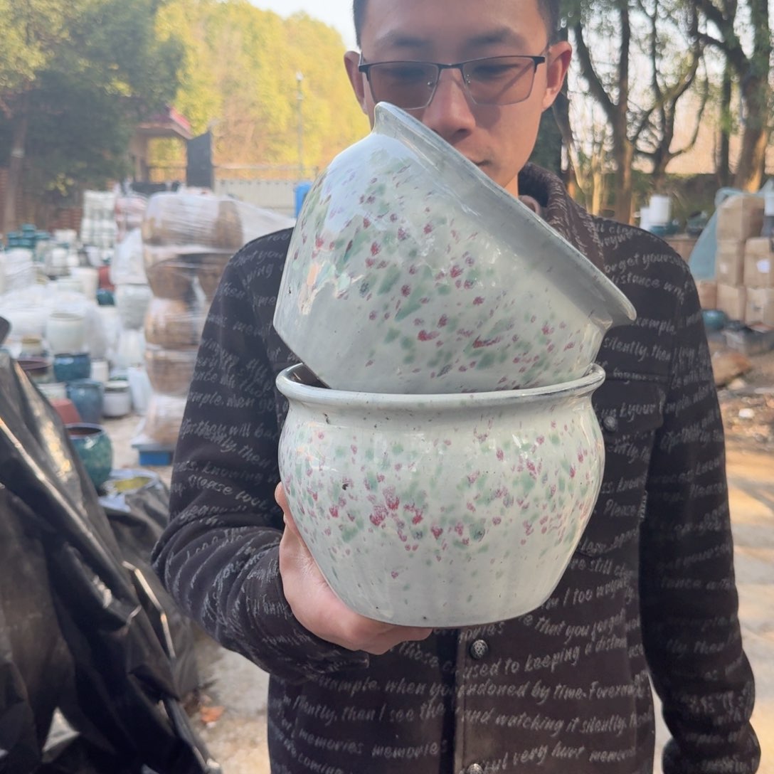 紫砂花盆口18高15（两个拼彩色白色虎南瓜