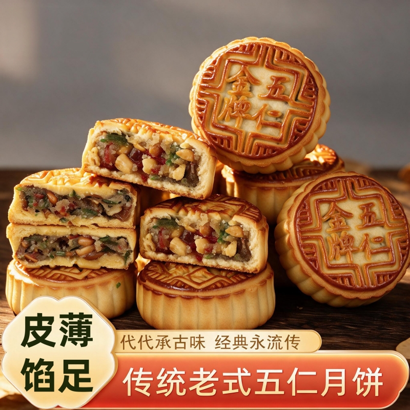 0蔗糖五仁月饼广式月饼传统口味独立包装老式中秋大月饼点心糕点