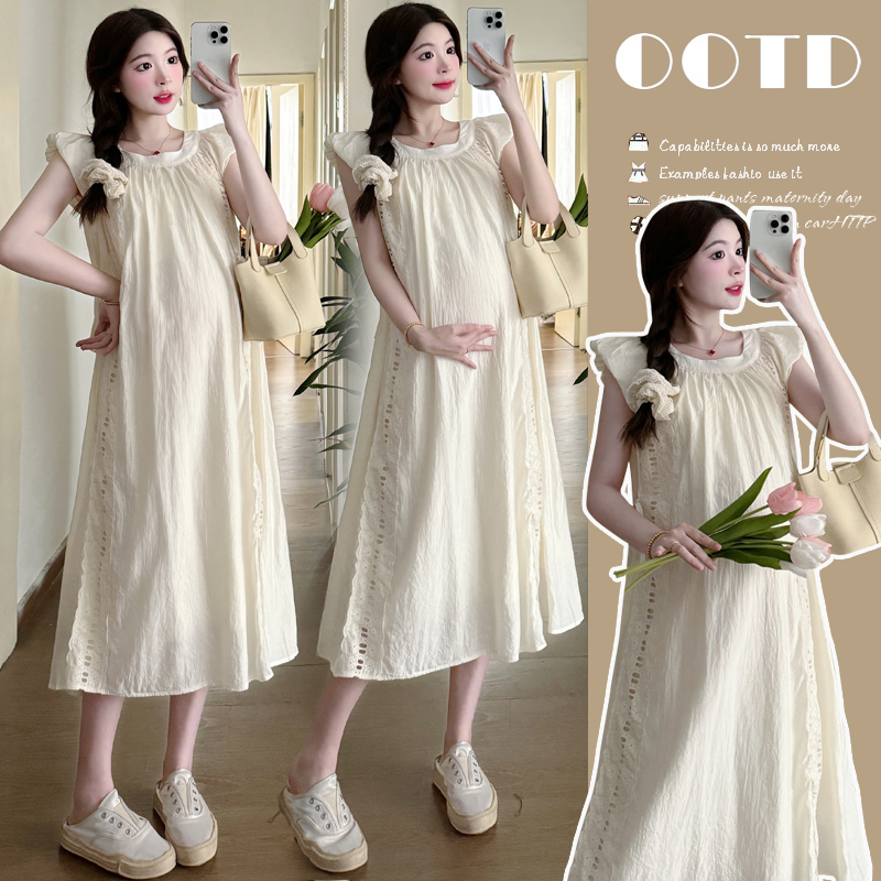 小个子孕妈2025夏季上新孕妇装花边拼接花苞袖连衣裙