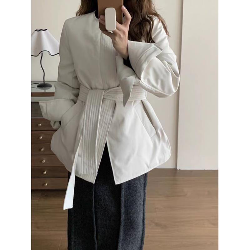 宽松圆领休闲百搭保暖系带薄款气质羽绒服