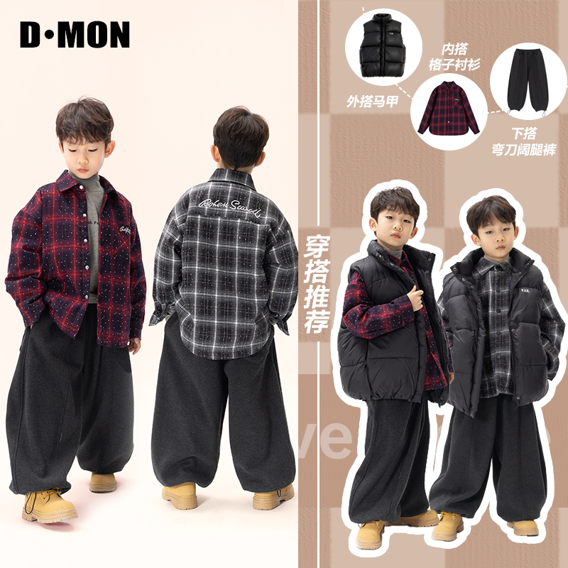 拳妈【现货】【允我闪耀】冬新款韩系烫钻夹棉加绒格子潮酷衬衫571005