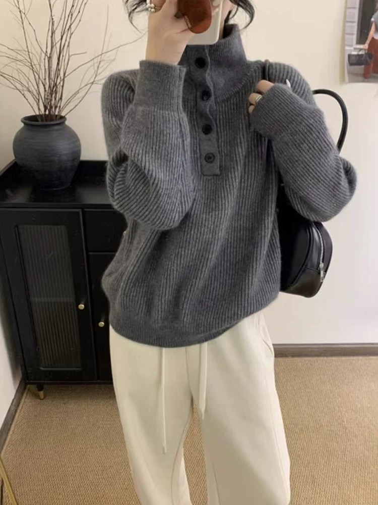 韩系高领半开扣套头针织衫女秋冬慵懒风宽松气质减龄长袖毛衣