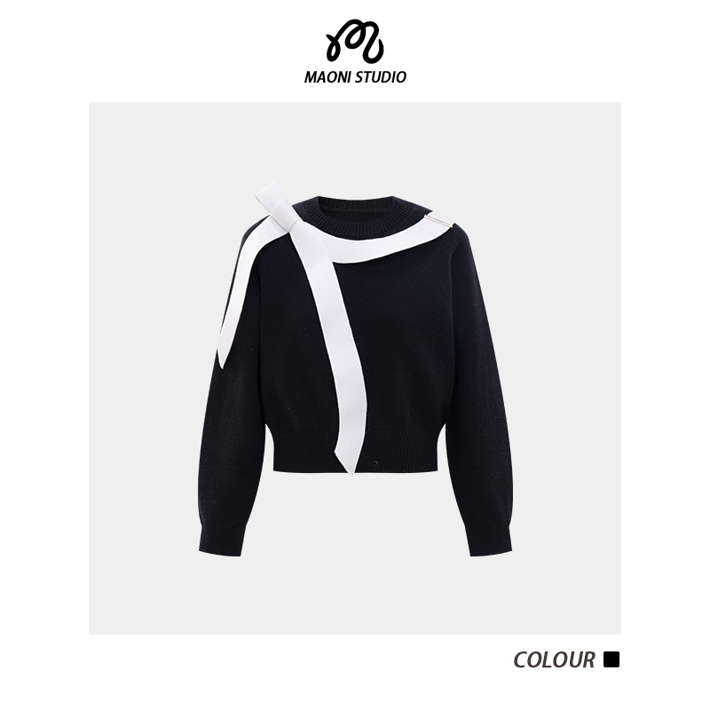 毛妮LADIESFIRST【素影织带】黑白撞色飘带显瘦针织女上衣L2482