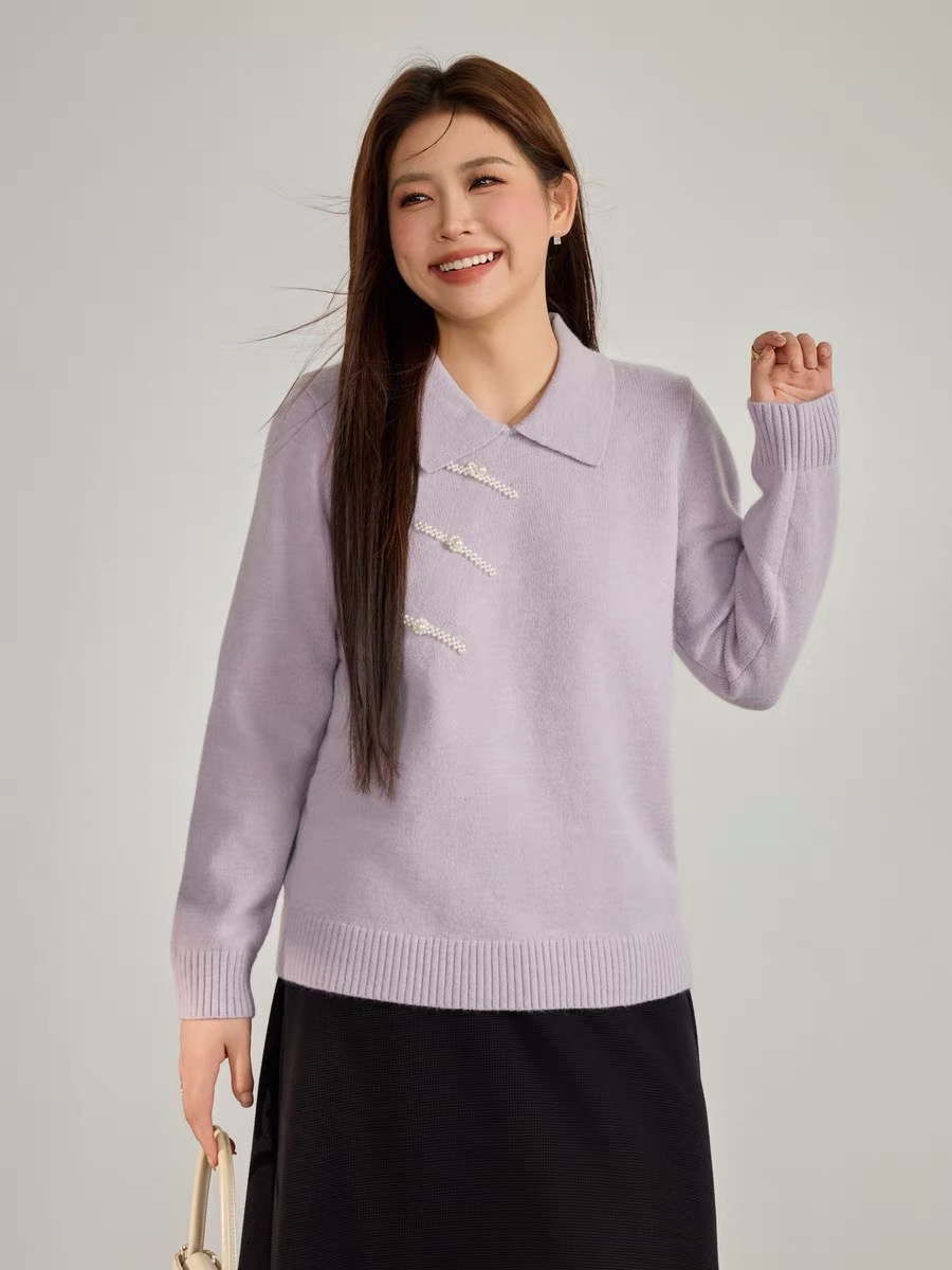 大码女装翻领新中式珍珠盘扣毛衣2671